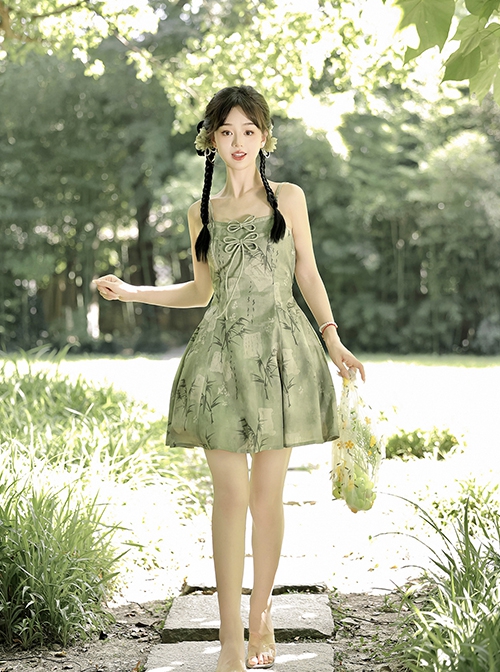 Chinoiserie Green Bamboo Print Bowknot Elegant Classic Lolita Suspender Dress Loose Cardigan Set