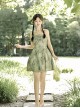 Chinoiserie Green Bamboo Print Bowknot Elegant Classic Lolita Suspender Dress Loose Cardigan Set