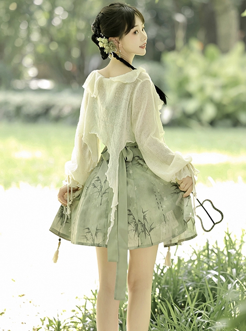 Chinoiserie Green Bamboo Print Bowknot Elegant Classic Lolita Suspender Dress Loose Cardigan Set