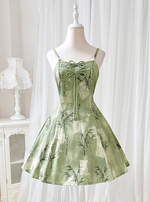 Chinoiserie Green Bamboo Print Bowknot Elegant Classic Lolita Suspender Dress Loose Cardigan Set