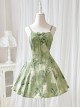 Chinoiserie Green Bamboo Print Bowknot Elegant Classic Lolita Suspender Dress Loose Cardigan Set