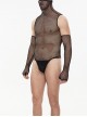 Punk Style Transparent Stretch Mesh High Neck Thong Black Sleeve Bodysuit