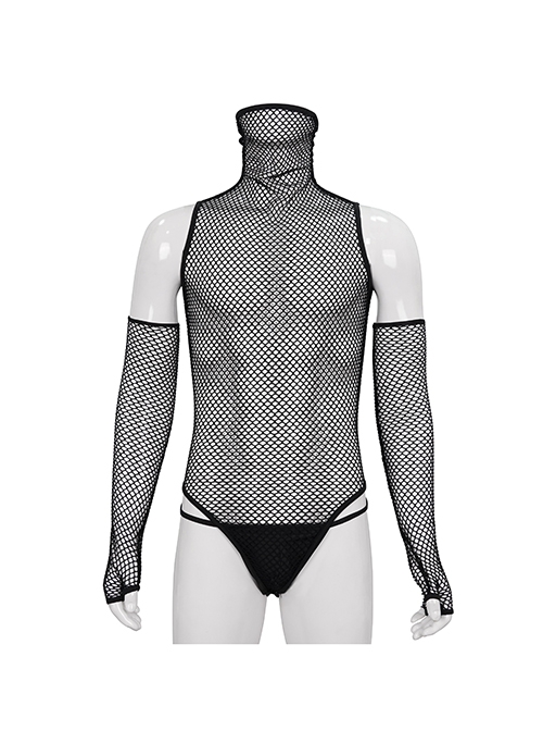 Punk Style Transparent Stretch Mesh High Neck Thong Black Sleeve Bodysuit