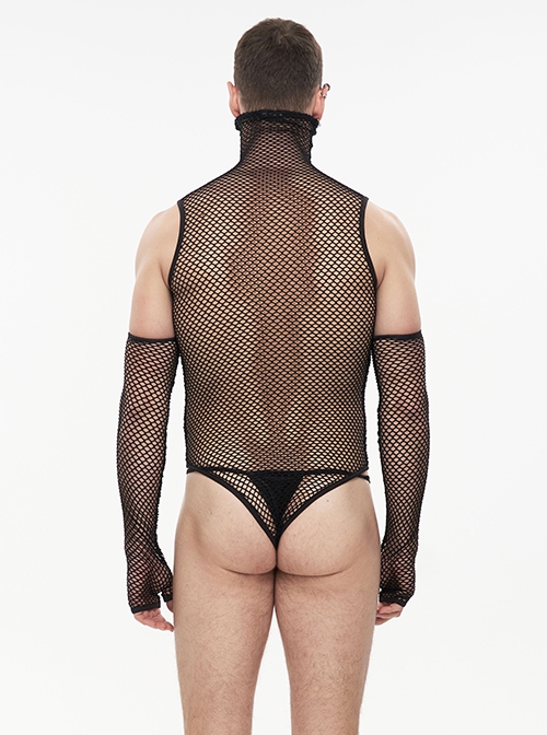 Punk Style Transparent Stretch Mesh High Neck Thong Black Sleeve Bodysuit