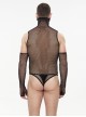 Punk Style Transparent Stretch Mesh High Neck Thong Black Sleeve Bodysuit