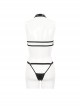 Punk Style Vertical Stripes Knitted Stitching Leather Halter Neck Front Chest Chain Decoration Black Sexy Lingerie Set