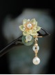 Elegant Chinoiserie Green Chalcedony Jewelry Shell Glass Hanfu Pearl Lotus Flower Classic Lolita Ebony Hairpin