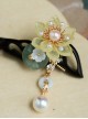 Elegant Chinoiserie Green Chalcedony Jewelry Shell Glass Hanfu Pearl Lotus Flower Classic Lolita Ebony Hairpin