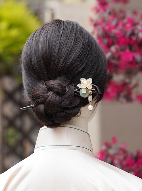 Elegant Chinoiserie Green Chalcedony Jewelry Shell Glass Hanfu Pearl Lotus Flower Classic Lolita Ebony Hairpin