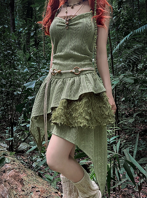 Sylph Series Summer Forest Elves Travel Wanderer Irregular Patchwork Linen Kawaii Fashion Neck Halter Dress