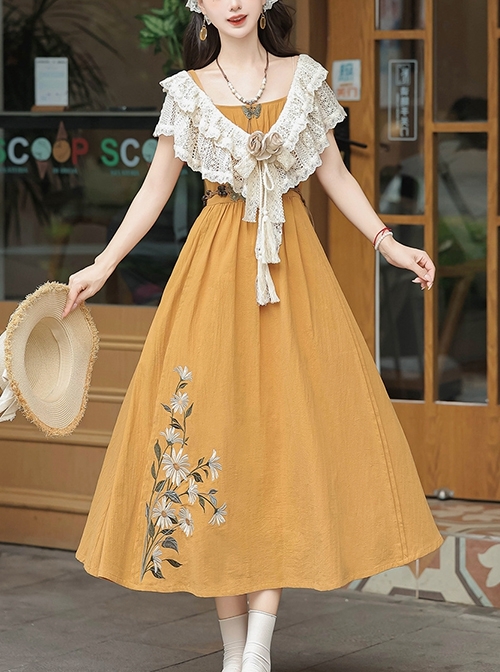 Until Dusk Series Yellow Bohemia Elegant Pastoral Style Classic Lolita Suspender Dress Lace Shawl Scarf Set