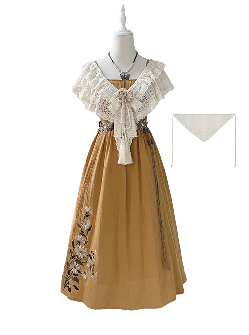 Until Dusk Series Yellow Bohemia Elegant Pastoral Style Classic Lolita Suspender Dress Lace Shawl Scarf Set