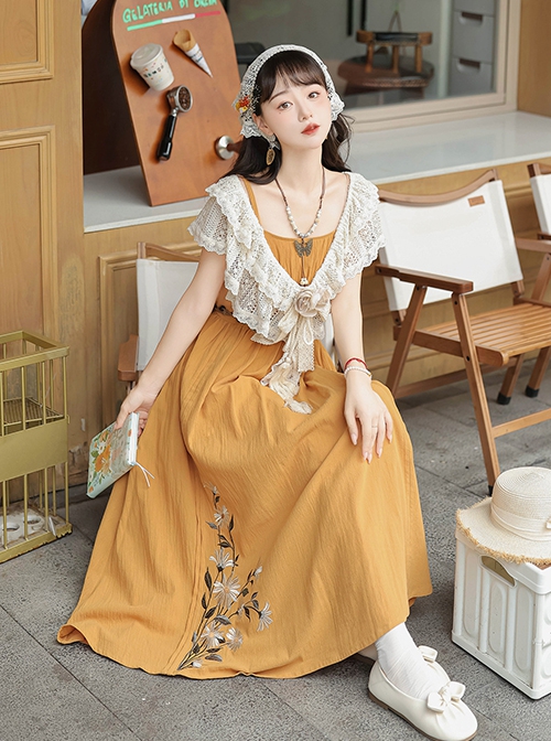 Until Dusk Series Yellow Bohemia Elegant Pastoral Style Classic Lolita Suspender Dress Lace Shawl Scarf Set