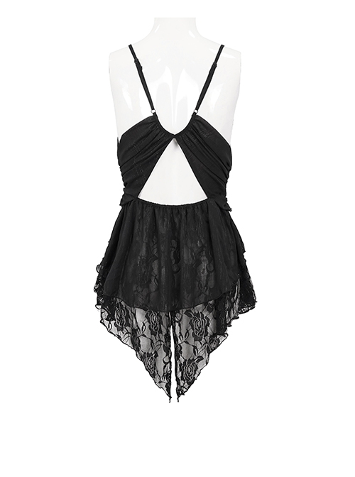 Punk Style Sexy Chiffon Splicing Perspective Rose Lace Front Center Hollow Chain Design Black Suspender Striped Sleeveless Dress