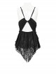 Punk Style Sexy Chiffon Splicing Perspective Rose Lace Front Center Hollow Chain Design Black Suspender Striped Sleeveless Dress