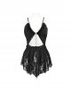 Punk Style Sexy Chiffon Splicing Perspective Rose Lace Front Center Hollow Chain Design Black Suspender Striped Sleeveless Dress