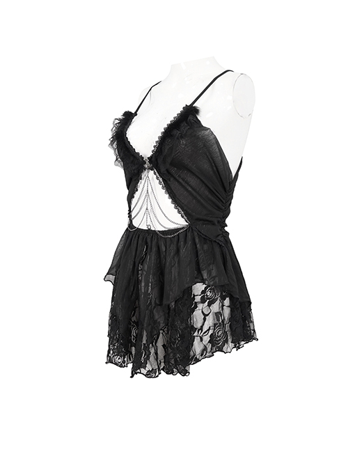 Punk Style Sexy Chiffon Splicing Perspective Rose Lace Front Center Hollow Chain Design Black Suspender Striped Sleeveless Dress