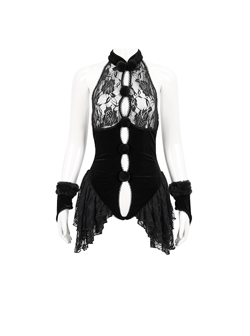 Punk Style Exquisite Velvet Fabric Splicing Lace Lace Front Center Hair Ball Decoration Black Hollow Bodysuit