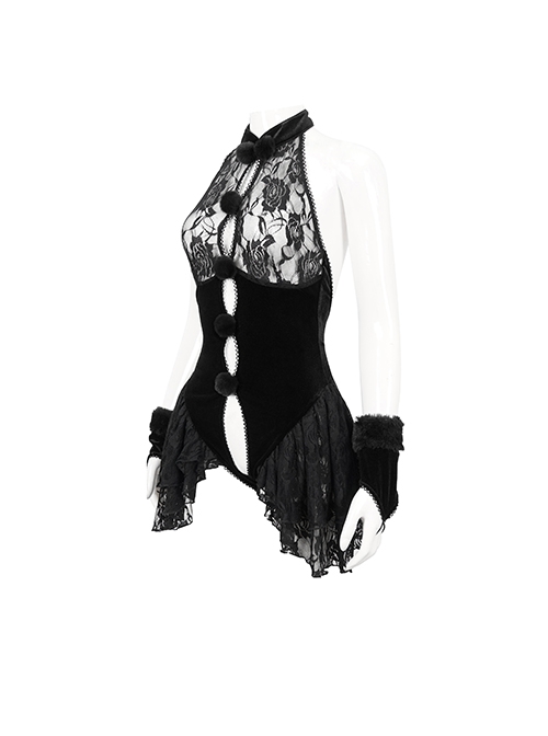 Punk Style Exquisite Velvet Fabric Splicing Lace Lace Front Center Hair Ball Decoration Black Hollow Bodysuit