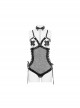 Punk Style Sexy Patent Leather Hollow Mesh Side Lace Up Decoration Black Bodysuit