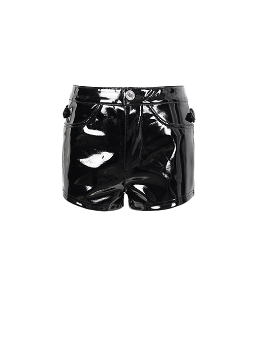 Punk Style Stretch Patent Leather Back Hollow Hip Revealing Design Black Detachable Shorts