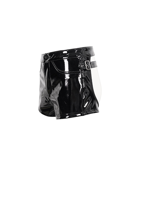 Punk Style Stretch Patent Leather Back Hollow Hip Revealing Design Black Detachable Shorts