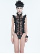 Gothic Style High Collar Elastic Patent Leather Splicing Lace Curling Design Black Sexy Micro Transparent Bodysuit