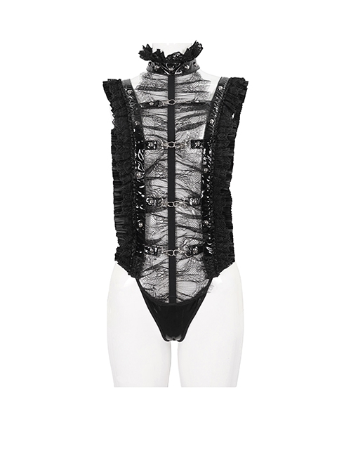 Gothic Style High Collar Elastic Patent Leather Splicing Lace Curling Design Black Sexy Micro Transparent Bodysuit