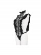 Gothic Style High Collar Elastic Patent Leather Splicing Lace Curling Design Black Sexy Micro Transparent Bodysuit