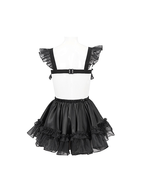 Gothic Style Reflective Organza Fabric With Ruffled Suspenders Front Center Hollow Lace Up Black Sexy Maid Sleeveless Dress