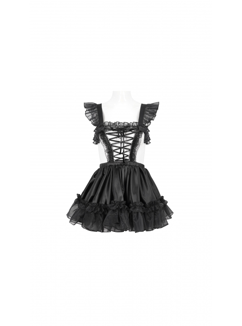 Gothic Style Reflective Organza Fabric With Ruffled Suspenders Front Center Hollow Lace Up Black Sexy Maid Sleeveless Dress