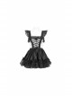 Gothic Style Reflective Organza Fabric With Ruffled Suspenders Front Center Hollow Lace Up Black Sexy Maid Sleeveless Dress