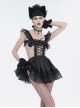 Gothic Style Reflective Organza Fabric With Ruffled Suspenders Front Center Hollow Lace Up Black Sexy Maid Sleeveless Dress