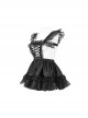 Gothic Style Reflective Organza Fabric With Ruffled Suspenders Front Center Hollow Lace Up Black Sexy Maid Sleeveless Dress