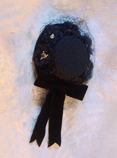 Retro Versatile French Elegant Black Mesh Yarn Velvet Satin Bowknot Flowers Classic Lolita Hat