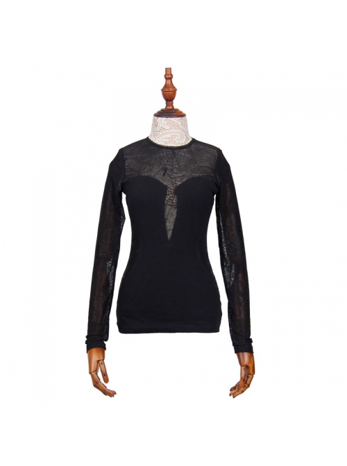 Punk Style Round Neck Spider Web Knitted Back Slightly Transparent Lace Black Thin Long Sleeve T-Shirt