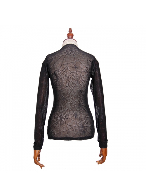 Punk Style Round Neck Spider Web Knitted Back Slightly Transparent Lace Black Thin Long Sleeve T-Shirt