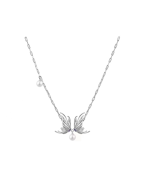 Elegant Diamond Butterfly Pearl Pendant Classic Lolita Clavicle Chain Silver Alloy Necklace