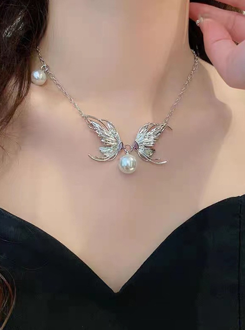 Elegant Diamond Butterfly Pearl Pendant Classic Lolita Clavicle Chain Silver Alloy Necklace