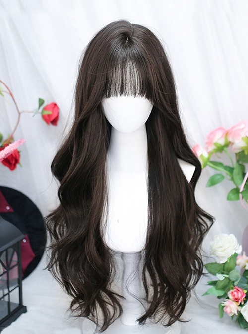 Elegant Versatile Long Curly Hair Straight Bangs Classic Lolita Daily Commute Full Head Wig