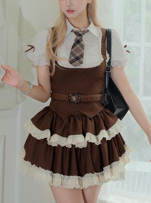 Cocoa Love Letter Series College Style Chocolate Brown British Style Lace Ruffle School Lolita Shirt Skirt Belt Tie Set