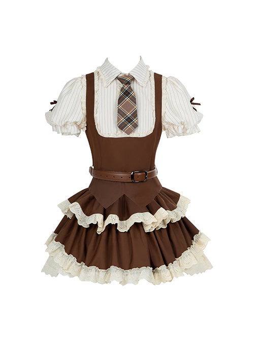 Cocoa Love Letter Series College Style Chocolate Brown British Style Lace Ruffle School Lolita Shirt Skirt Belt Tie Set