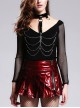 Punk Style Sexy Big Round Neck With Shiny Leather Halter Neck Black Mesh Long Sleeved T-Shirt