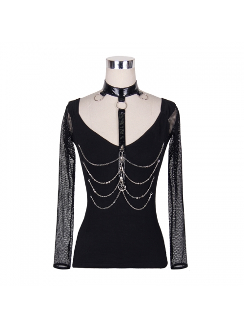 Punk Style Sexy Big Round Neck With Shiny Leather Halter Neck Black Mesh Long Sleeved T-Shirt