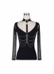 Punk Style Sexy Big Round Neck With Shiny Leather Halter Neck Black Mesh Long Sleeved T-Shirt