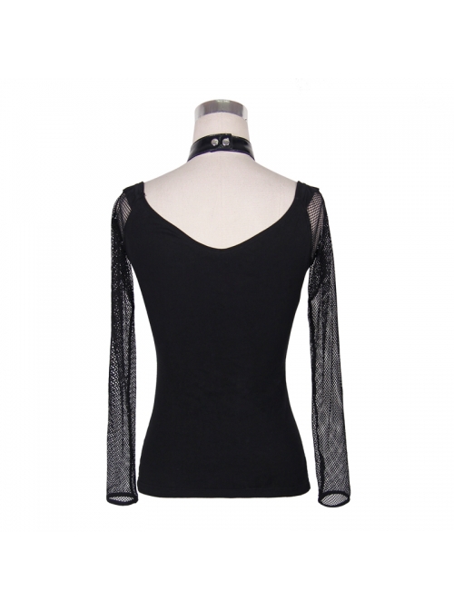 Punk Style Sexy Big Round Neck With Shiny Leather Halter Neck Black Mesh Long Sleeved T-Shirt