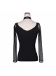 Punk Style Sexy Big Round Neck With Shiny Leather Halter Neck Black Mesh Long Sleeved T-Shirt