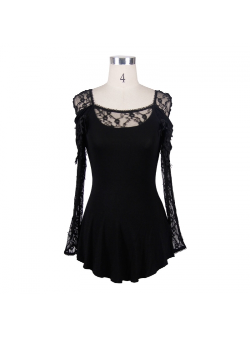 Gothic Style Elastic Rose Lace Fabric With Rounded Hem Black Tassel Long Sleeved T-Shirt