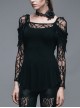 Gothic Style Elastic Rose Lace Fabric With Rounded Hem Black Tassel Long Sleeved T-Shirt