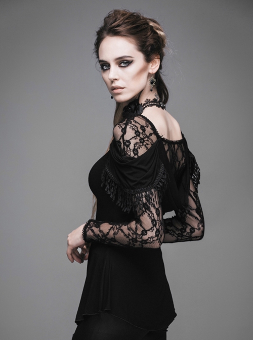 Gothic Style Elastic Rose Lace Fabric With Rounded Hem Black Tassel Long Sleeved T-Shirt